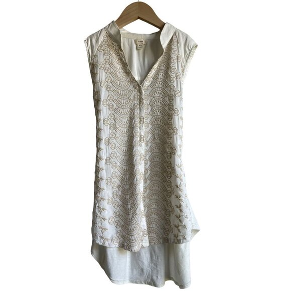 Anthropologie x TINY White Tan Embroidered Tie Waist Sleeveless Tunic Top Size X - Picture 1 of 8